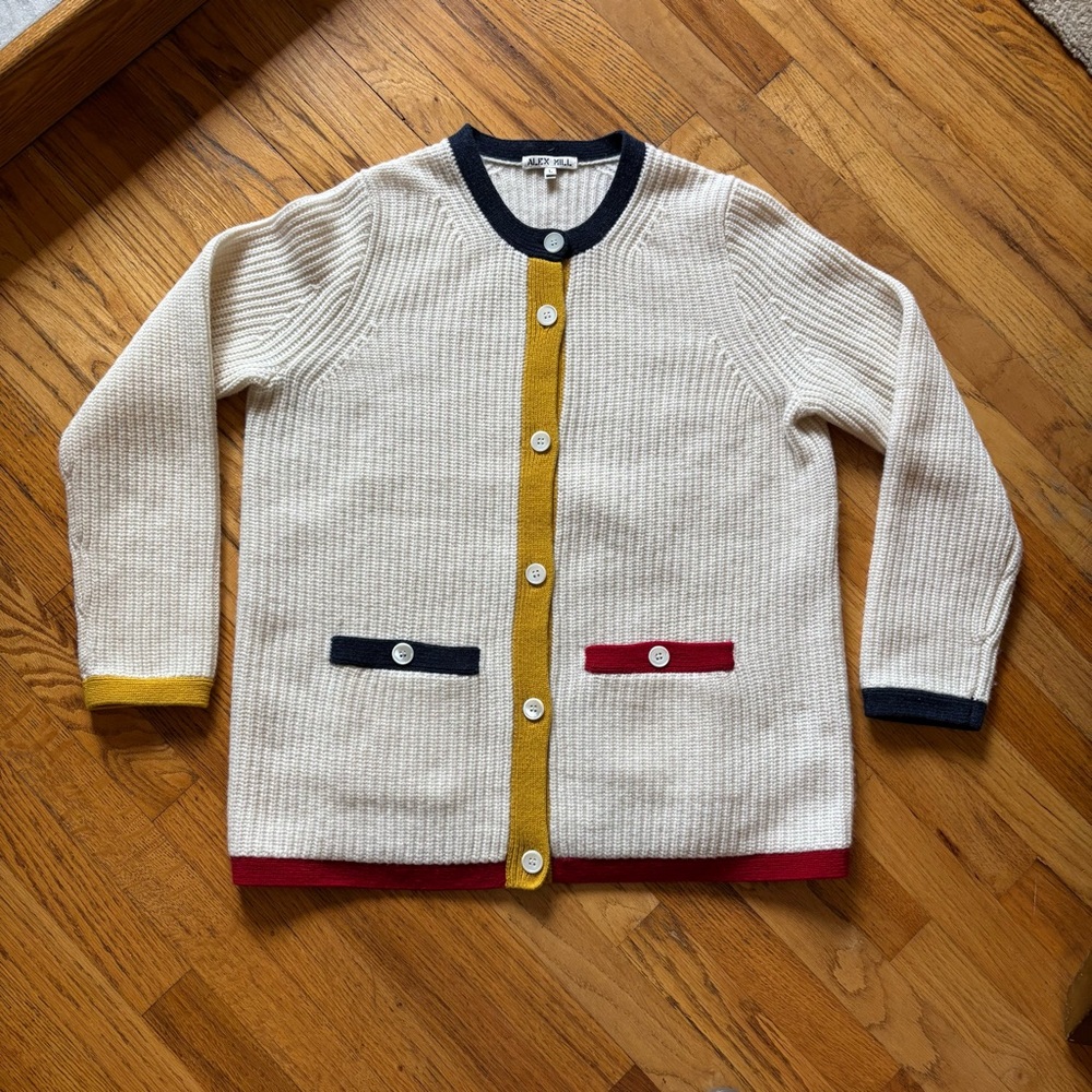 Alex Mill off white wool cardigan with bold primary color trim details - large